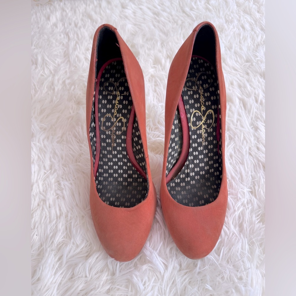 Jessica Simpson vintage high heel stilleto covered platform salmon brushed suede